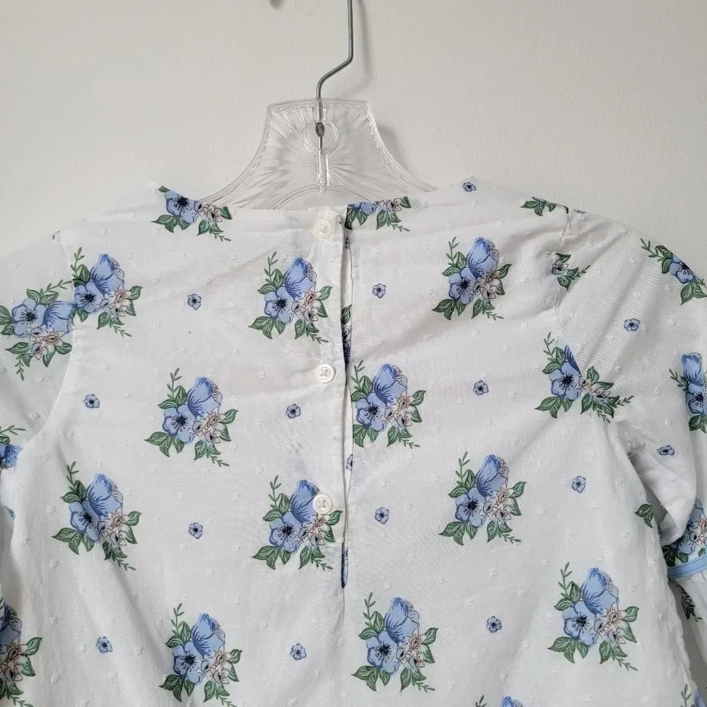 JANIE AND JACK Girls Peplum Top White Navy Floral Puff Sleeves Ruffles Size 7